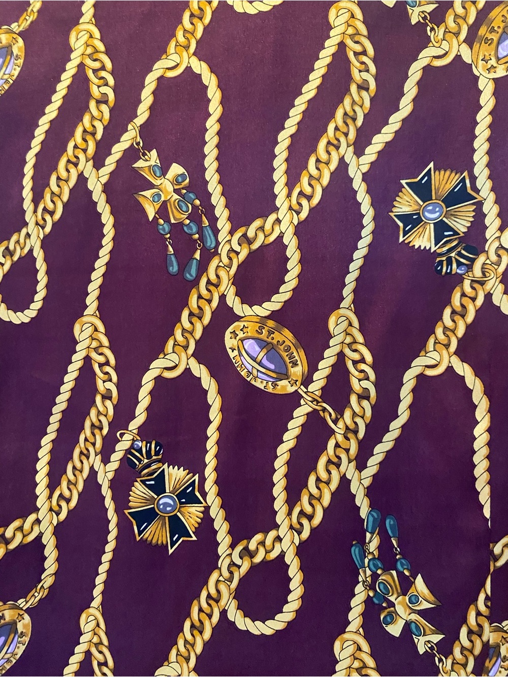 St. John Silk Chain Medallion Print Blouse Burgundy Gold Size 12 - Picture 10 of 12